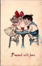 Flavored with Love Children Sharing Drink Vintage Postcard 5P21-3 picture