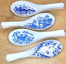 Vintage Blue/White Porcelain Chinese Soup Spoons: Gold Trim Set/4 Dragon Phoenix picture