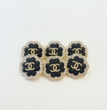 STAMPED lot of 6 Designer Black and Gold Clover Rhinestone Button picture