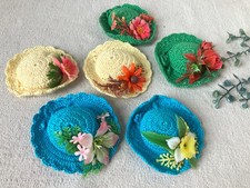 6 VTG  Miniature Crocheted Hat Pin Cushions Plastic Milinery Flowers Novelty picture