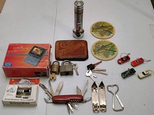 Vintage GRANDPA’S JUNK DRAWER Optimus Travel TV Harley Plugs Knife Locks Mustang picture