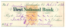 1872 Signed Merchants First National Bank Check JM Smalley Burlington Vermont VT picture