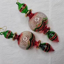 2 Egyptian Style Hand Blown Glass Christmas Ornaments Finial Drop Red Green Gold picture