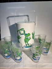 9pc Vtg Stotter Acrylic Ice Bucket  6 Drinking Glasses Frogs  Green & Blue picture