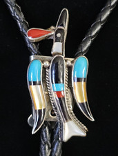Rare Zuni Water Bird Peyote Bolo Tie Flying Straight Up Sterling Turquoise Inlay picture