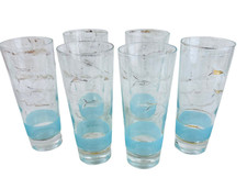 6 vtg MCM cocktail glasses clear glass w turquoise & gold accents bareware picture