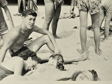 Vintage 1950s Beach Snapshot Young People Sunbathing Bathing Suits picture