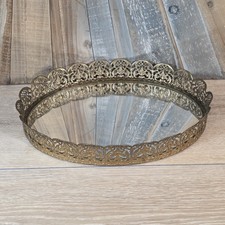 Vintage Gold Tone Filigree Mirrored Vanity Perfume Tray Oval Hollywood Regency picture