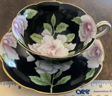 VTG Wako China Occupied Japan TeaCup & Saucer Blk Ext  Int Floral Pink W/black picture