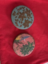 2 VTG 30's-50's Flapjack Compacts: Art Deco Enamel/brass+Tropical Sunset picture
