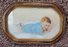 Antique Hand Tinted Photograph Infant Baby in Ornate Rounded Rectangular Frame picture