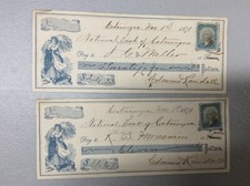 2 1871-72 Checks  from  Catasauqua,Pa. with   Revenue Stamp   picture