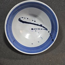 Handmade Studio Pottery Bowl Blue White Stoneware Signed Artisan Dish picture