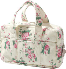 Pink Flower Large Corduroy Pencil Case 5 Compartment Pouch Bag Zipper picture