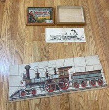 Milton Bradley - Smashed up Locomotive - Vintage Locomotive Puzzle W Wooden Box picture