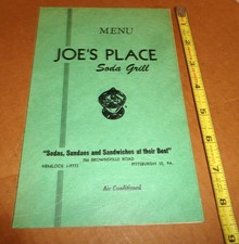 NICE VTG 1950'S JOE'S PLACE SODA GRILL RESTAURANT MENU HEMLOCK PITTSBURGH PA picture