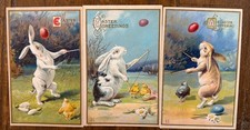 Lot of 3~Anthropomorphic~Rabbits~ Egg Toss Games~Antique Easter Postcards~s536 picture