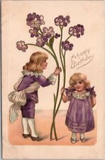 Vintage 1910s HAPPY BIRTHDAY Embossed Postcard Boy & Girl / Big Violet Flowers picture