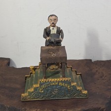 Vintage Cast Iron Magician Mechanical Coin Bank Working Book of Knowledge Repro picture