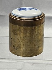 Vintage Brass Tobacco Jar Blue White Porcelain Lid Lion Trinket Box 70s picture