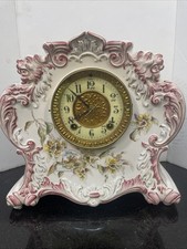 Antique Wm L Gilbert Porcelain Mantel Clock No. 411 White & Pink Porcelain Dial picture