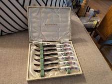 Vintage Royal Crown Derby 6 Floral Porcelain Handle Knives Boxed England Unused picture