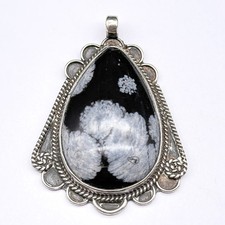 Vintage Navajo Native Snowflake Obsidian Silver Pendant picture