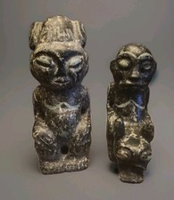 Pair of Carved Stone-Like Seated Figures Green Inlay Detail Decorative... picture