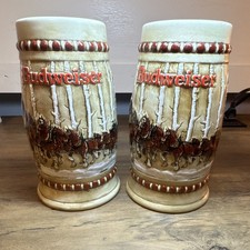 Vintage 1981 Budweiser Holiday Beer Steins CS50 Clydesdales Ceramarte Set of 2 picture