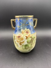 Antique Hand Painted Nippon Vase Cobalt Blue Roses Gold Gilt Double Handle 7” picture