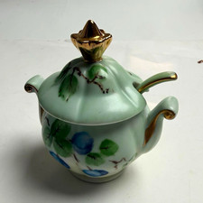 Vintage Hand Painted Porcelain Condiment Jar w/Lid Spoon Floral Gold Trim Signed picture
