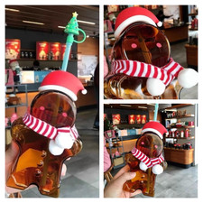 Starbucks Christmas Gift Gingerbread Man Shaped Glass Straw Cup with Topper Plug picture