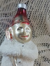 Antique 1900s German Glass Christmas Ornament Mica Snowman Red Hat Broom 3 1/4” picture