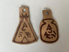 2 Vintage 1969 Boy Scouts Leather Button Tags Eagle Indian Camp picture