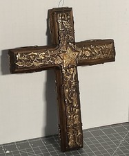 Vintage Large Mexican Milagro Cross Wood Brass Metal Charms Hecho A Mano 12” picture
