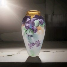 Vintage Limoges Hand Painted Porcelain Vase Purple Violets & Gold Signed Suken picture