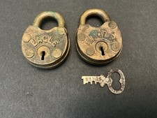 TWO Vtg Eagle Lock Co Padlock Antique Small Brass Padlocks One Key USA picture