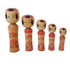 Vintage 5 Japanese Kokeshi dolls Traditional Japanese Art Object picture