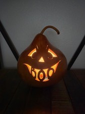 Vintage Primitive Carved Gourd Jack-O-Lantern Boo Halloween Centerpiece 7
