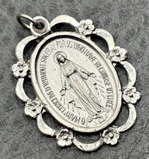 Vintage Sterling Silver 925 Miraculous Medal Mary Pendant Ornate Floral Frame picture