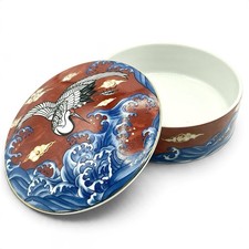 Vtg TAKAHASHI Japanese Porcelain Round Trinket Box Crane Bird Ocean Waves EUC picture