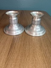 Vintage Pair Norway Pewter Candlesticks Geometric Viking Band MCM Candle Holders picture