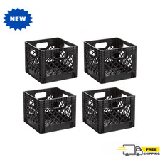 4 Pack Juggernaut Storage 16QT Heavy Duty Plastic Square Milk Crate Black, Tote picture