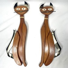 1960’s Pair Of Masketeers Siamese Cats MCM Wall Hanging Wood & Metal Art, GUC picture