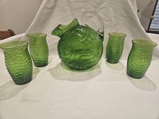 1930's IMPERIAL GLASS: GREEN 5 PIECE SET Tilt Pitcher/Glasses Wave Design picture