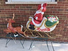 Vintage Christmas Blow Mold Santa Claus Sleigh Reindeer LOCAL PICKUP picture