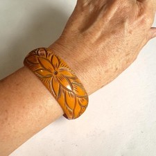 1940's Vintage Bakelite Rich Butterscotch Wide Heavy Floral Carved Bangle picture