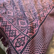 Antique 19th Century Hand Woven Jacquard Coverlet Tapestry Pink Black 72x62 picture