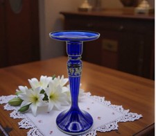 Vtg. Czech Cobalt Blue Candlestick Handpainted Silver Overlay w/ Grapes/Leaves picture