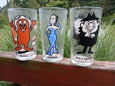 Vintage 70s Lot Set 3 Pepsi Cartoon Character Glass Glasses Rocky Natasha Boris picture